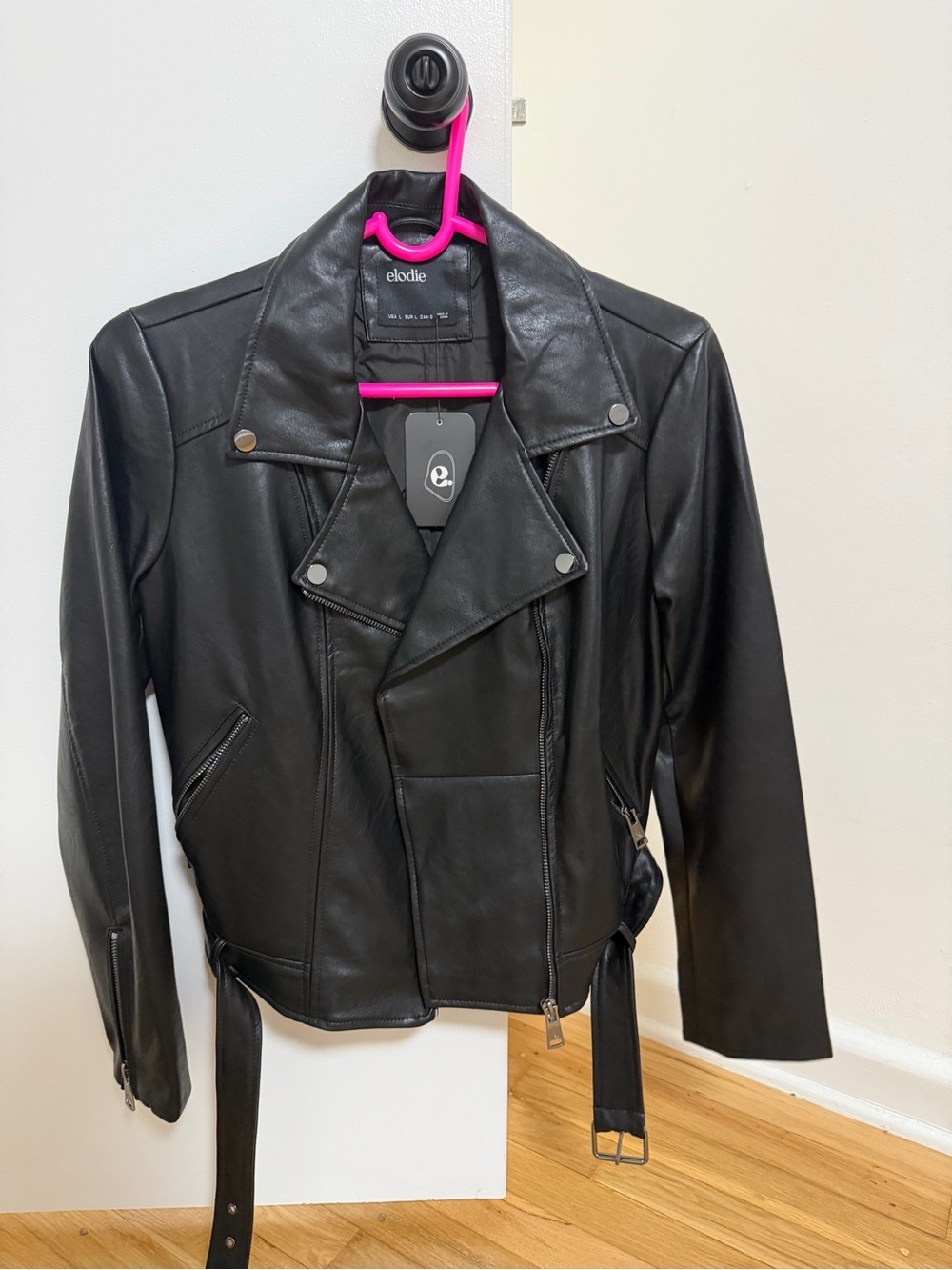 Elodie Black Faux Leather Moto Jacket with Belt
